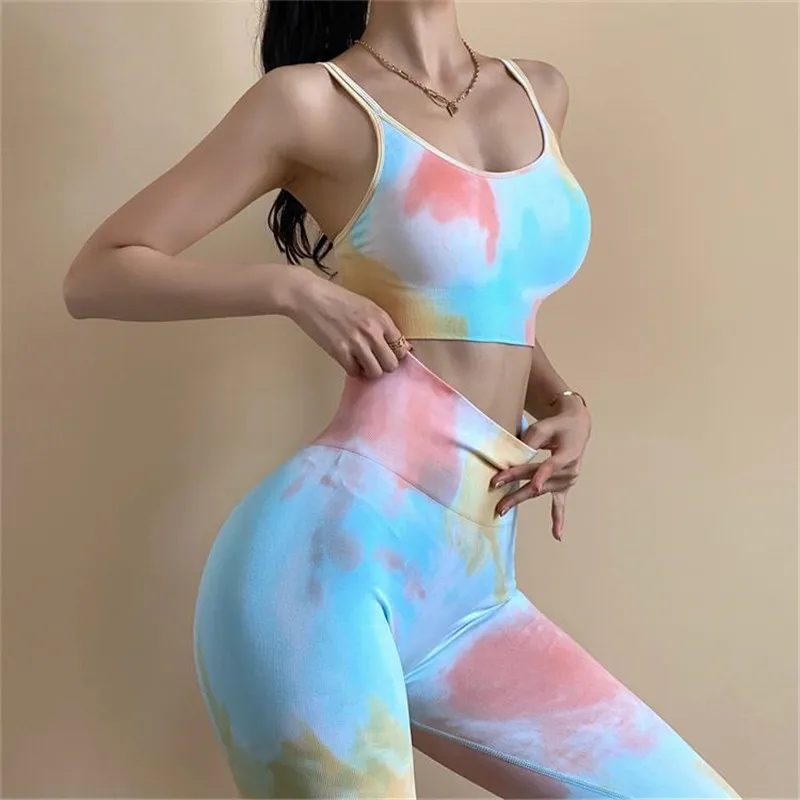2020 Seamless Tie-Dyed Sports Bra Women Camis Crop Top Gym Halter Workout Tank Tops Beautiful Back High Elastic Vest