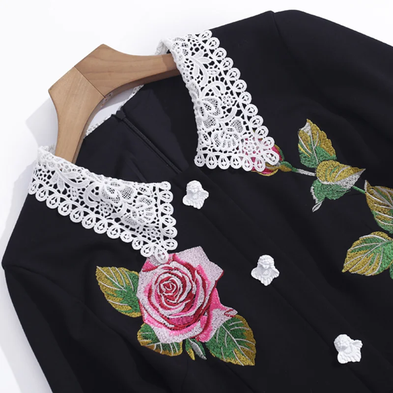 

Runway Spring Women New Gorgeous Rose Flower Embroidery Lace Button Patchwork Fashion Office Elegant Vintage Black Midi Dress