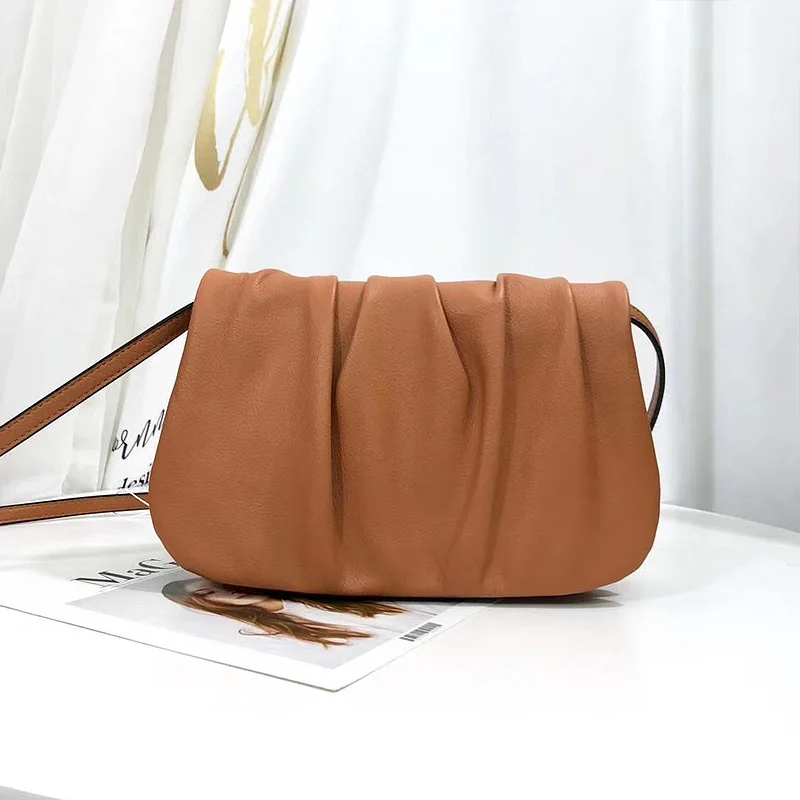 

Pleated Shoulder Bag For Women Messenger Bags Ladies Retro Genuine Leather Handbag Top Grade Cow Leather Female Crossbody Bag