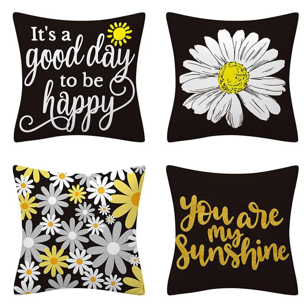 

Cushion Cover Breathable Daisy Floral Print Throw Pillow Case Kit 45x45 cm Decoration For living Room Bed Room 4PCS Gray Black