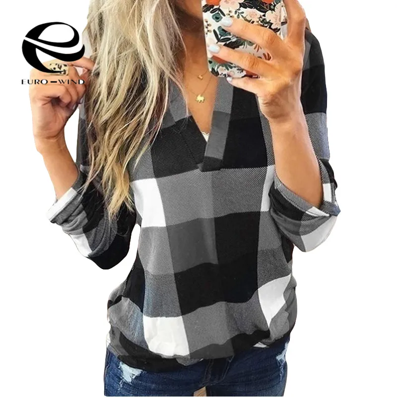 Plus Size 5XL Women Tops and Blosue 2019 Autumn New Long Sleeve V Neck Plaid Blouses Female Casual Loose Shirts Blusas |