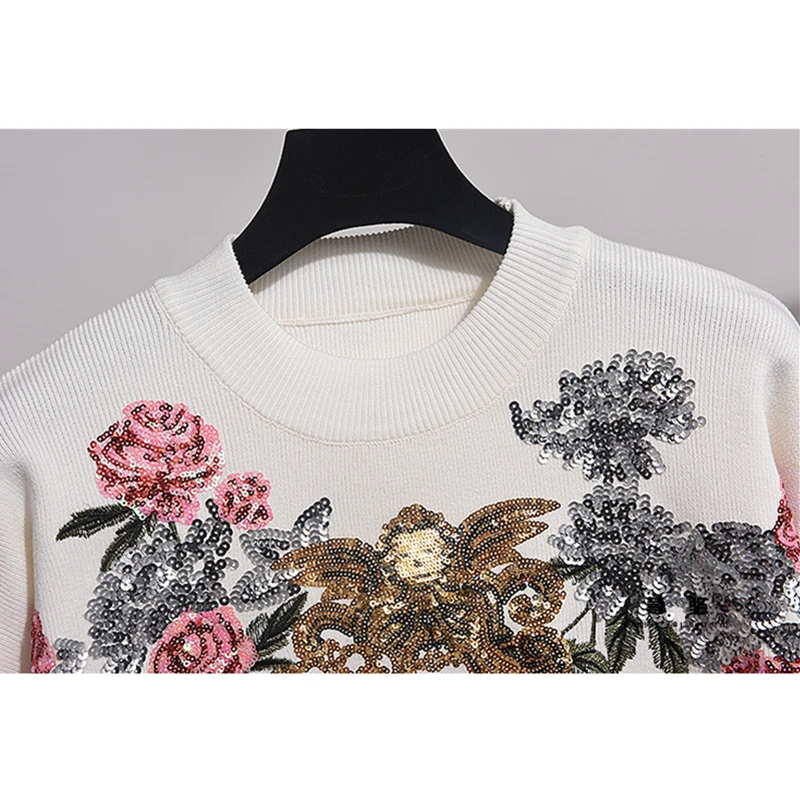 New Autumn Winter Tops Women Korean Fashion Sequin Embroidery Flower Loose Knitted Sweater + Harem Pants Two Piece Set Ladies