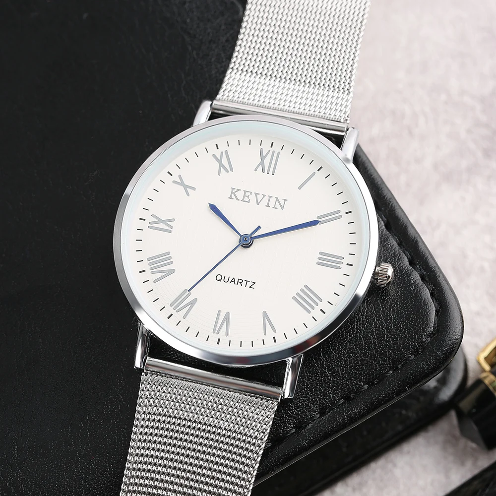 

KEVIN Men Watch Mesh Stainless Steel Mesh Band Business Casual Quartz Men's Concise White Roman Numerals Dial Gift Clock