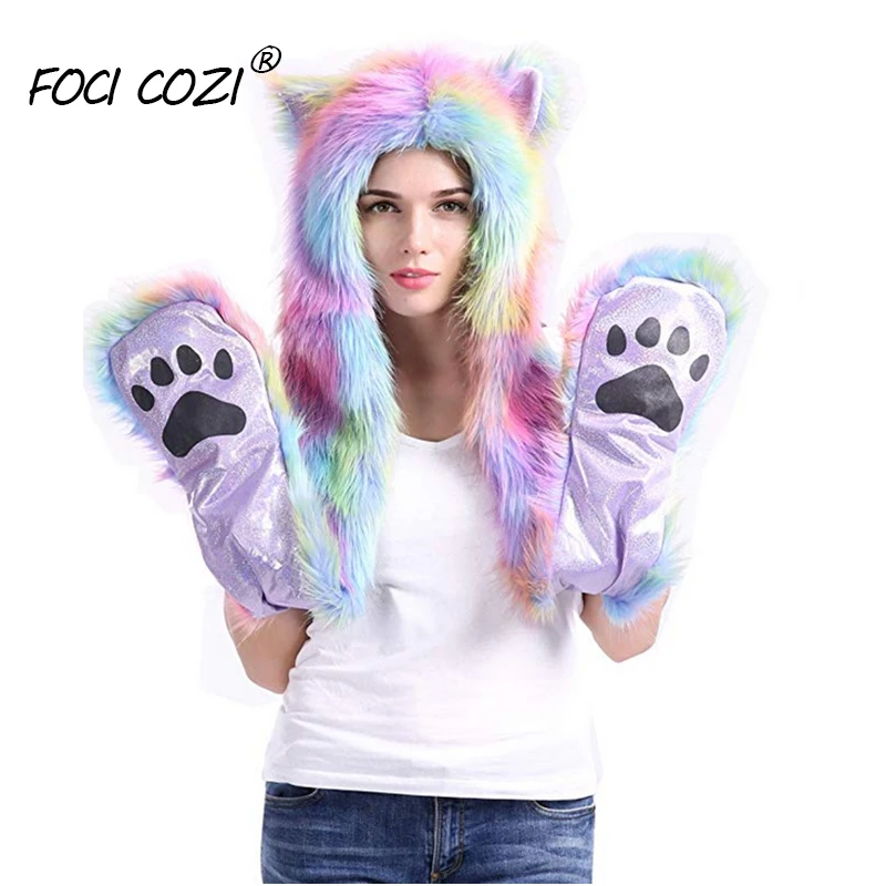 Rainbow Fur Hat Rave Spirit Animal Furry Hoddie Faux 3 In 1 Function Christmas Gift For Girls/Girlfriend White women | Аксессуары для