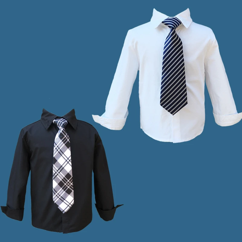 

Boys Cotton Dress Performance Blouse All-match Kids Long-sleeved Performance Shirt Pure Black And White Children's ClothingLB184