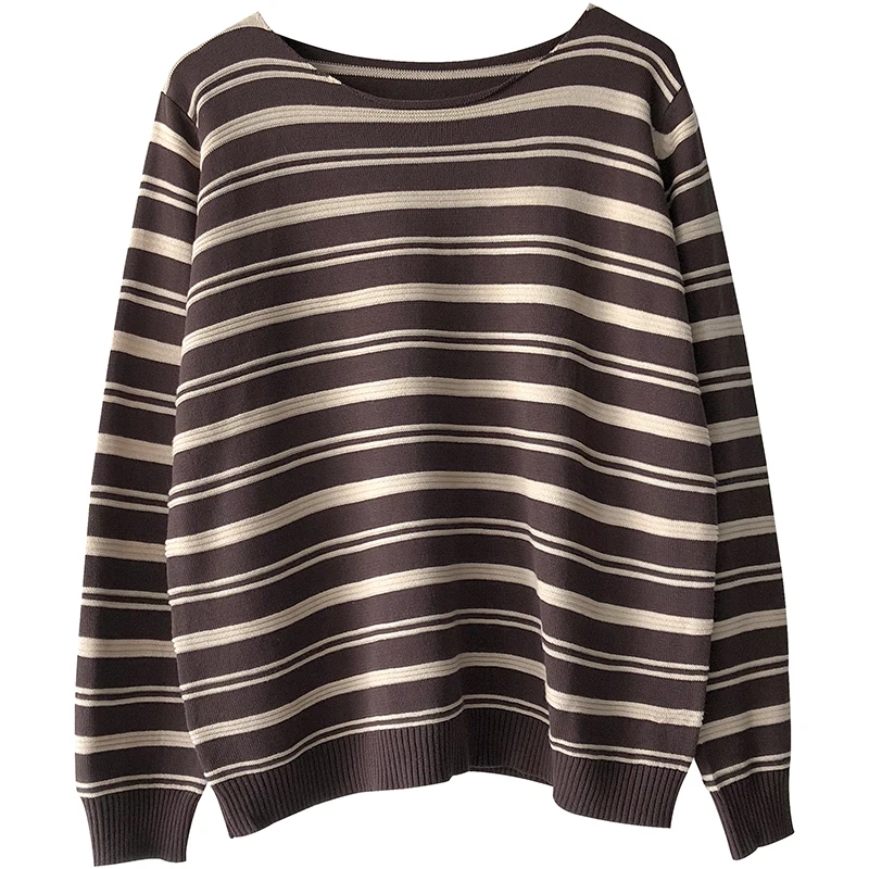 

Striped Cotton Knitted Women Sweater Pullovers Spring New Long-Sleeved Vintage Casual All Match Female Pulls Tops