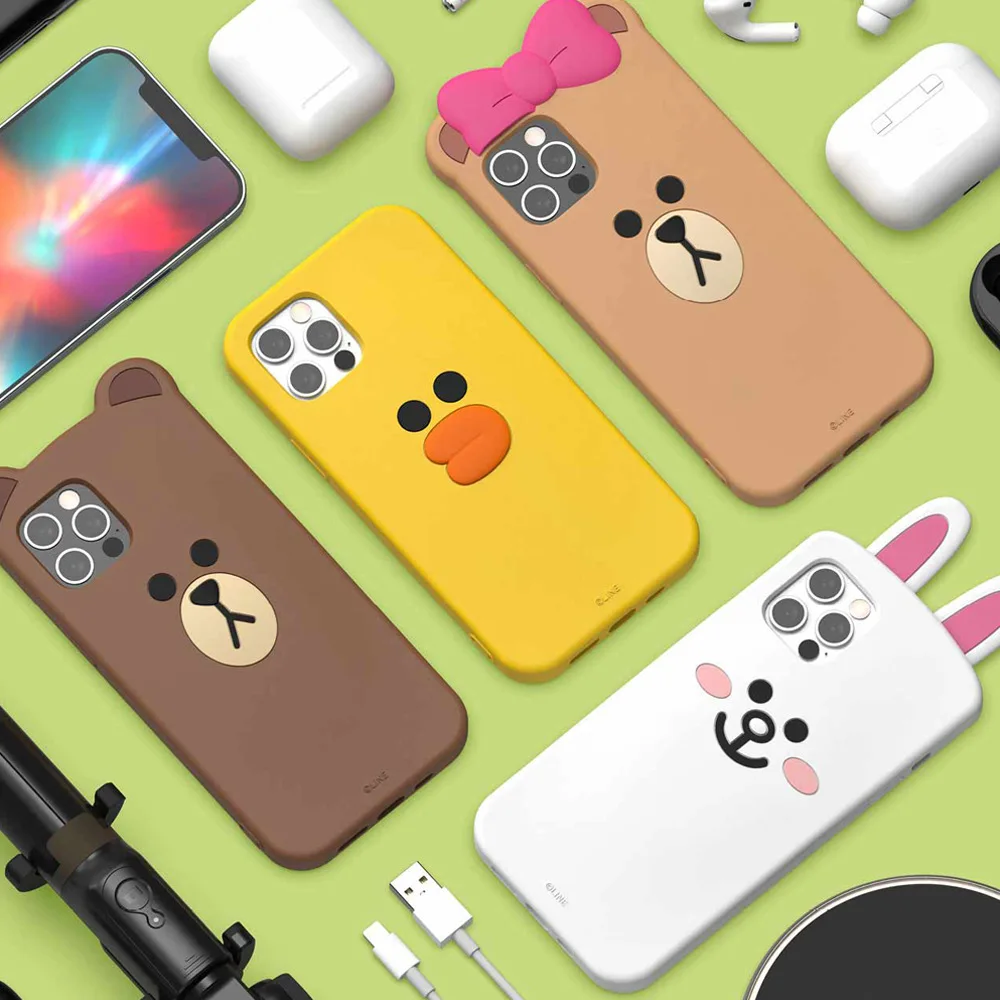 

Korean Line Friends Silicone Mobile Phone Case Crash Proof Brown Bear Silicone All Inclusive Protective Cover for Iphone 13