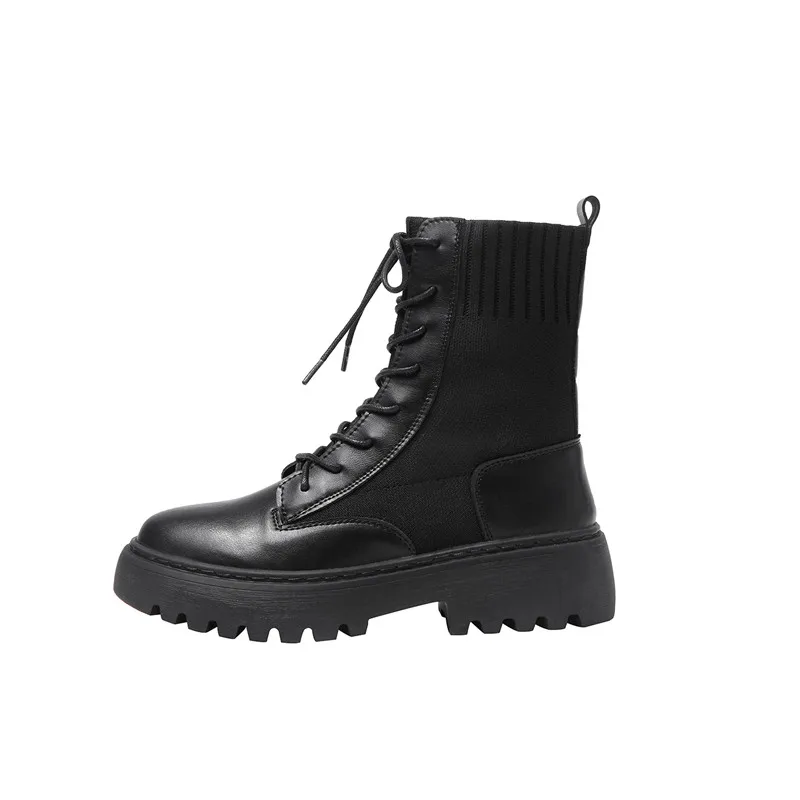 

YMECHIC Punk Style Platform Women Ankle Boots 2020 Autumn Ladies's Motorcycle Botas Fashion Knitting Pactchwork Shoes New Black