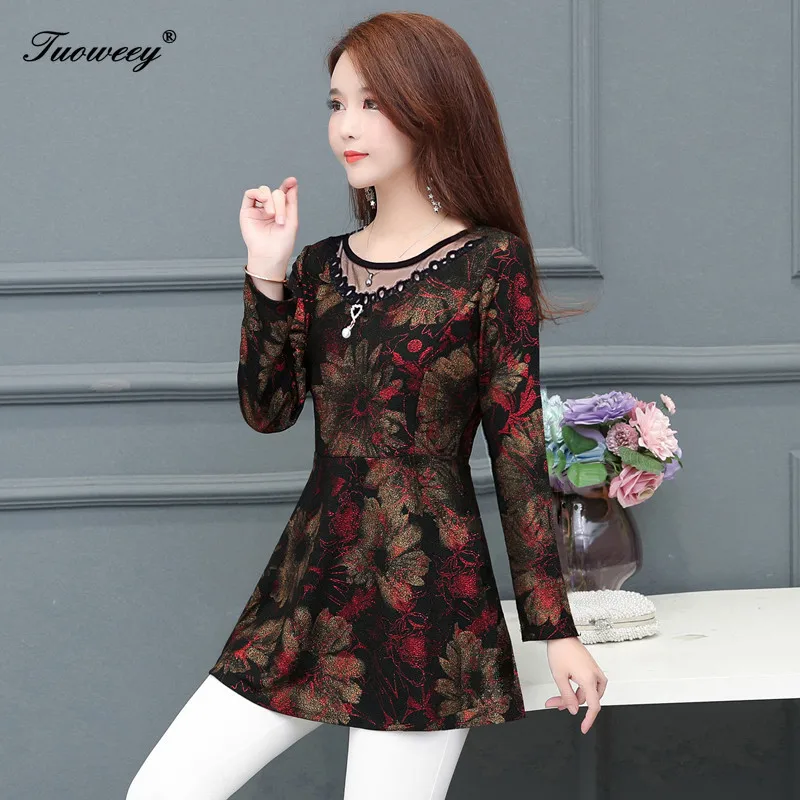 2021 Autumn Hollow out Lace Women Blouse Shirt Older Half sleeve flower printed see through female tops | Женская одежда