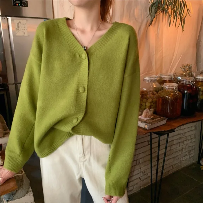 

Spring and Autumn Korean style jacket retro v-neck loose long-sleeved knitted cardigan jacket women cardigan