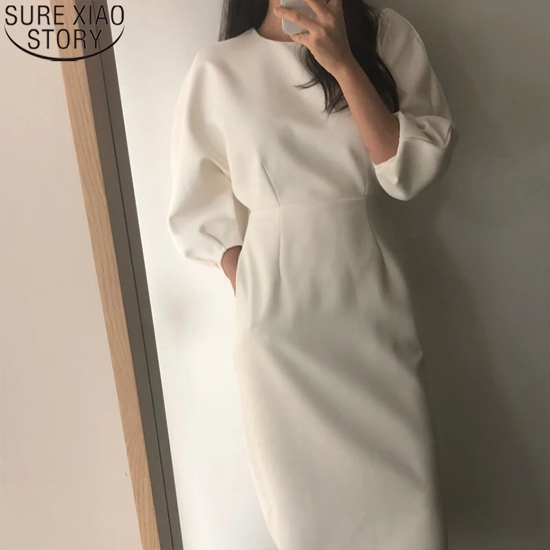 

Slim O-neck puff Midi Dress Elegant Ladies Office Dress Fashion Sexy Solid Dress Women OL Style Vestidos Sheath Dresses 12089