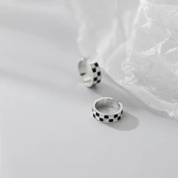 genuine 925 sterling silver simple black and white grid ear cuffs non pierced cartilage earrings fine jewelry for women