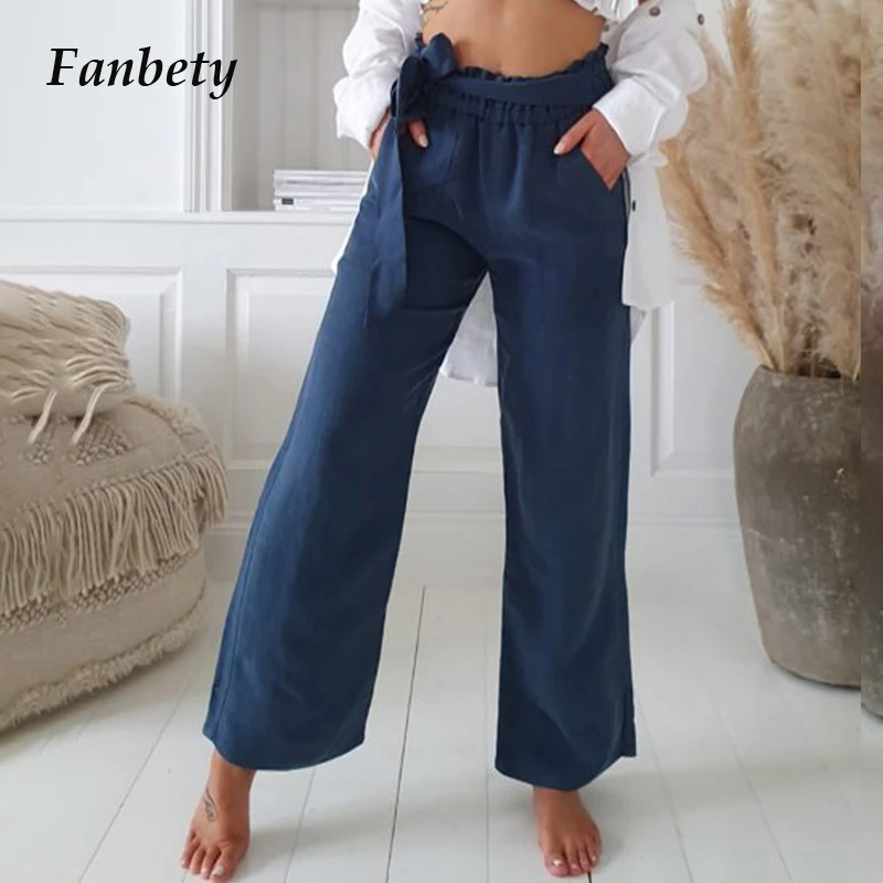 

Женские длинные брюки из хлопка и льна, повседневные однотонные элегантные свободные брюки с высокой талией, летние женские брюки с широким...