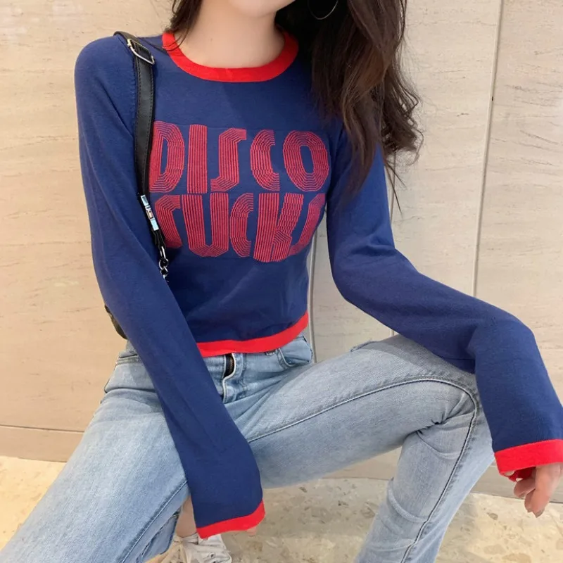 

Women Short T-shirt Fashion Letter Printing Pullover T-Shirt Korean Chic Autumn Top Long Sleeve Wild Retro Slim Short Base Shirt