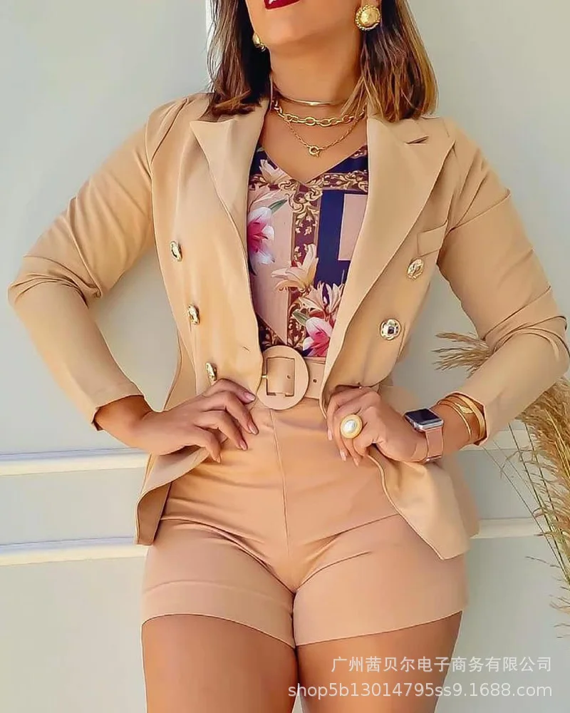 

Donsignet New Solid Office Lady Womens Outfits Long Sleeve Turn-down Collar Top Shorts Two Piece Suit for Women