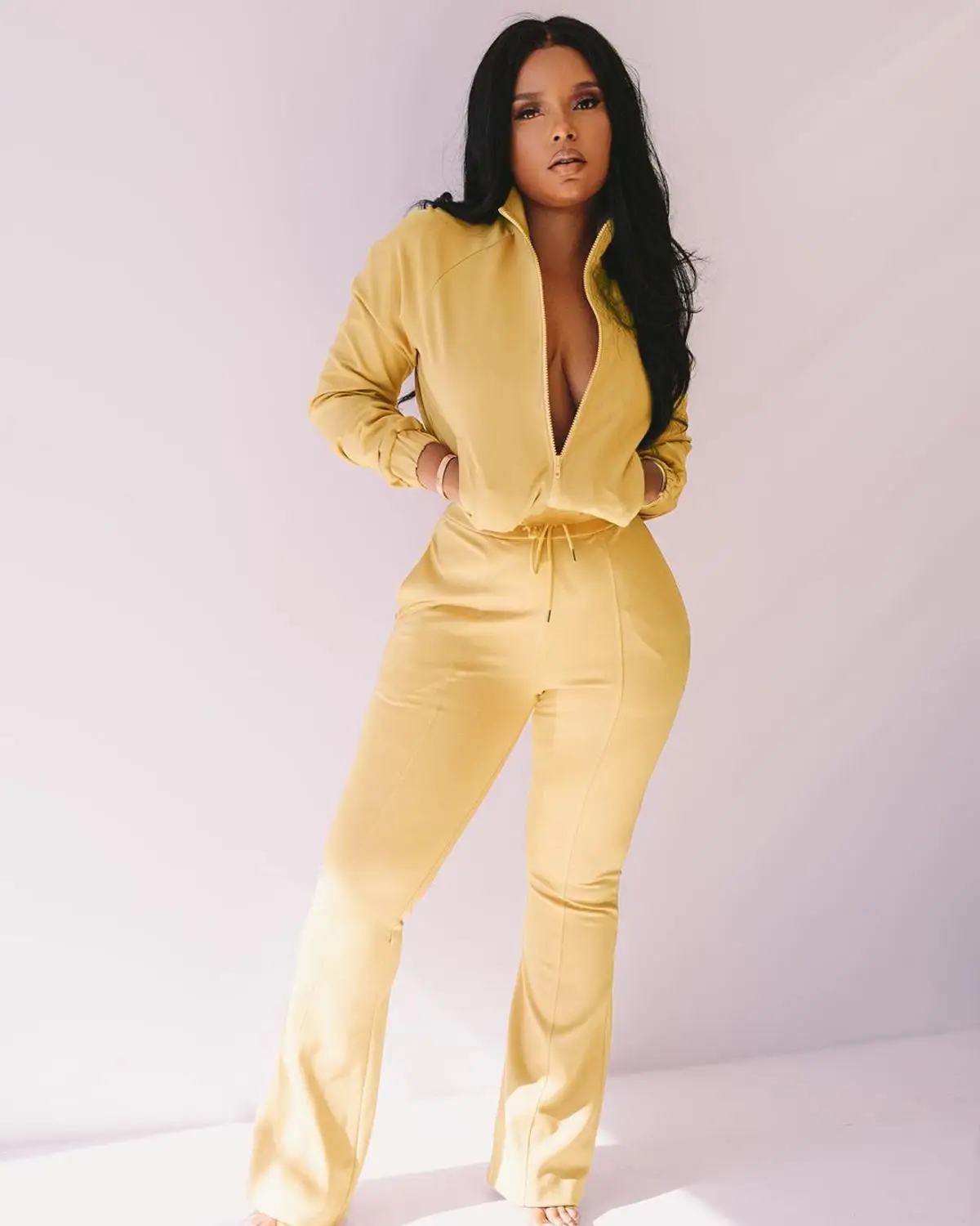 

Cutubly Long Sleeve Women'S Set Suit Solid Two Piece Set Pockets Zipper Short Jacket Coat High Waist Flare Pants Set Tracksuit