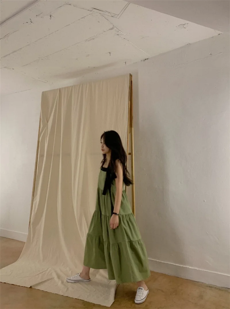 

Bandage Bow Summer Dress Sweet Bow Square Collar LOOSE Plus Size Dress Patchwork Long Dress Korea Casual Women's Dresses