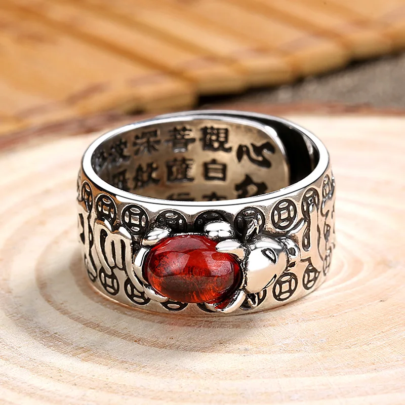 

Mens Vintage Golden Bull Head Ring Carved Buddhist Scripture Ring Red Stone Adjustable Men's Jewelry Gift