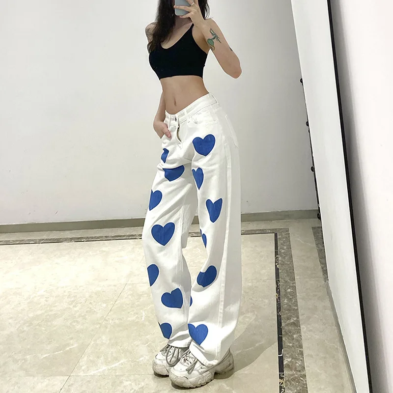 

ZTONE Autumn 2021 Jeans For Women's Trouser High Waist Straight Loose Thin Denim Pants Female Fasion Love Print Contrast Color