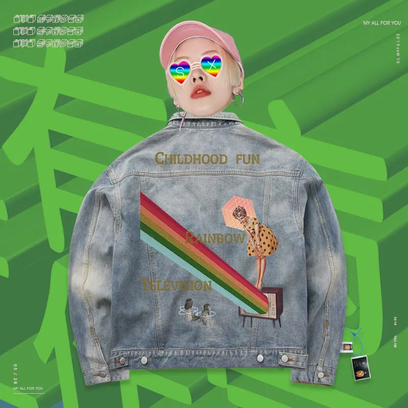 Детское Свободное пальто в стиле ретро Модная Джинсовая куртка с радужным