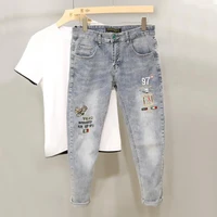 embroidered jeans mens autumn new spiritual society guy light blue ninth pants with small feet men clothing cargo pants men