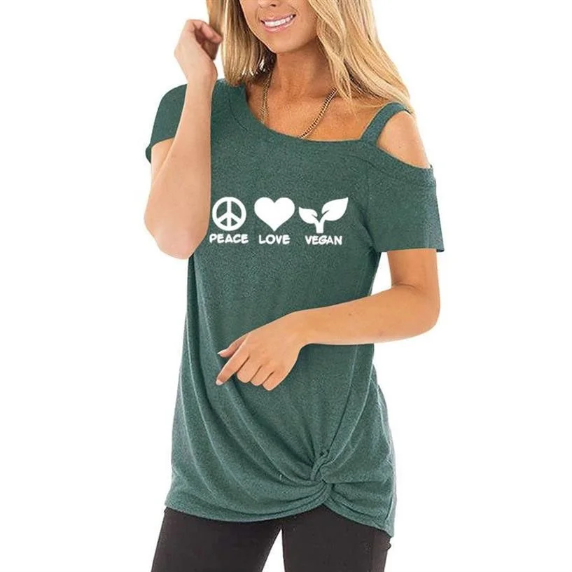 

PEACE LOVE VEGAN Logo Letters Print Off The Shoulder T-Shirt For Women Harajuku Summer Loose Casual Knitted T-Shirt Streetwear