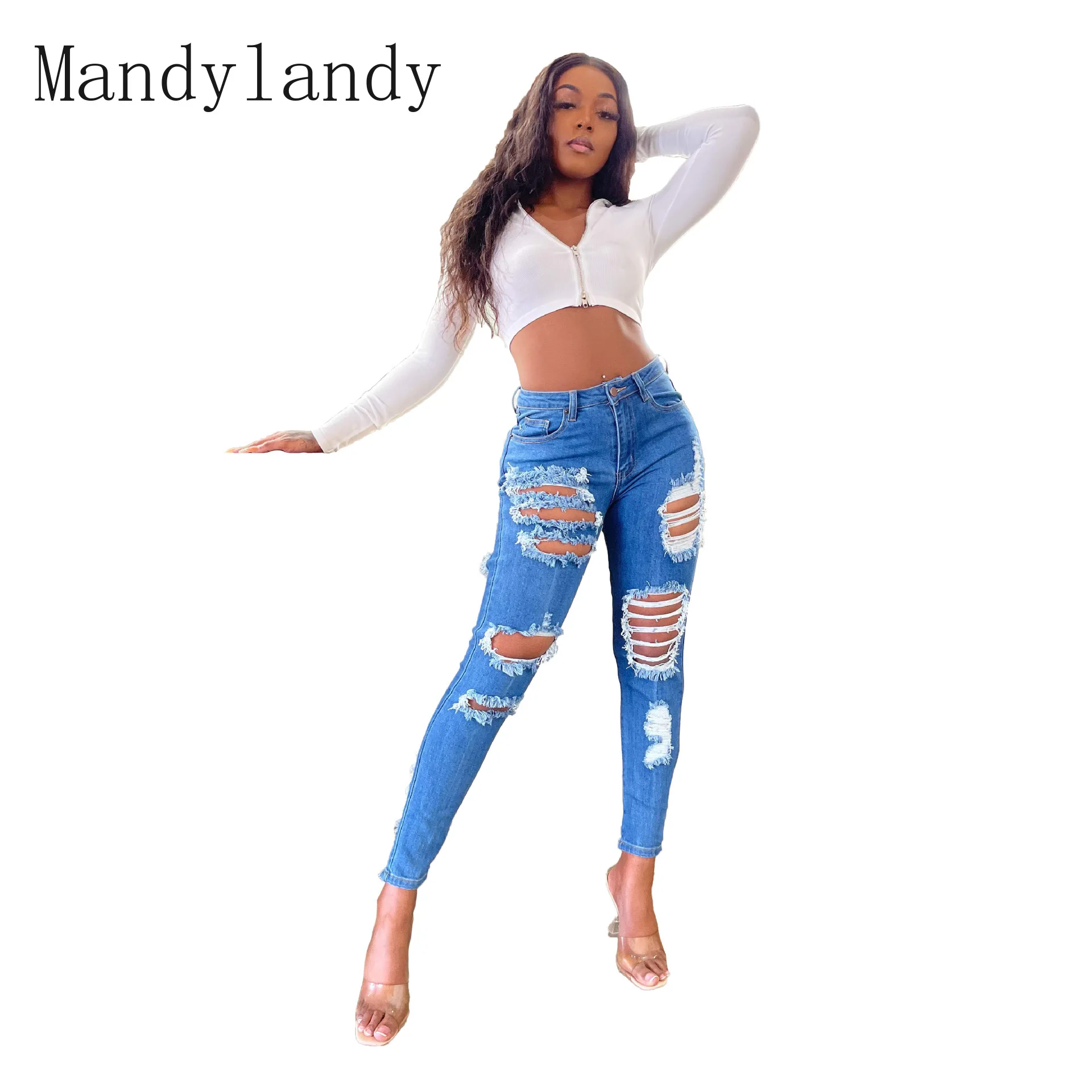 

Mandylandy Solid Color Jeans Women's Casual Hole Vintage Denim Pants Spring Summer High Waist Stretch Tassel Denim Pencil Pants