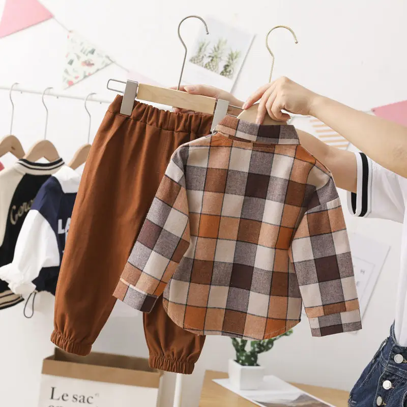 Conjuntos de ropa de algod&oacute;n para ni&ntilde;os peque&ntilde;os, camisa de solapa a cuadros + Pantalones, conjunto de ropa para primavera y oto&ntilde;o, 2 piezas-4