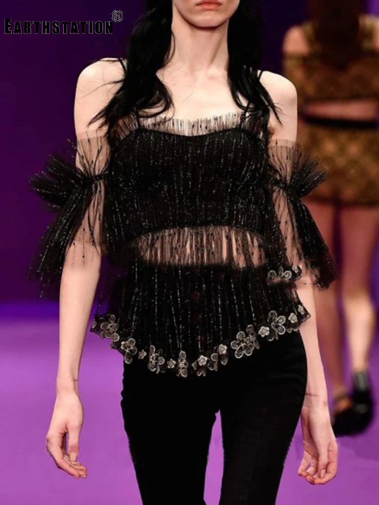 Женская ажурная блузка на бретельках летняя сетчатая с асимметричной вышивкой и