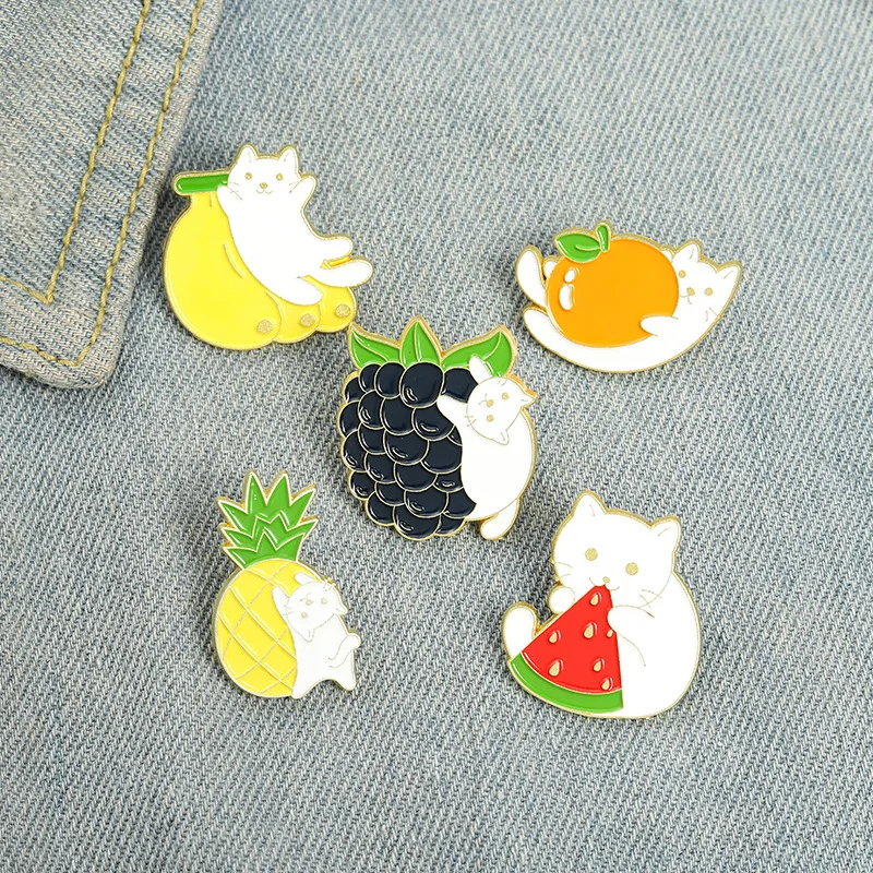 

Cartoon Fruit Enamel Pins Brooch White Cat Grape Brooch Cartoon Fruit Pineapple Orange Banana Watermelon Brooch Creative Cute