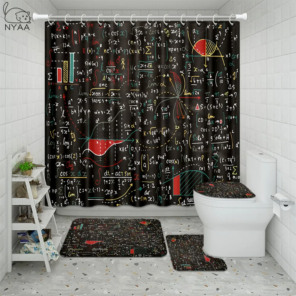 Goede 4 Stuks Douchegordijn Geometrische Math Chemie Formule Waterdicht Bad Gordijn Set Wc Cover Mat Antislip Badkamer Tapijt Set