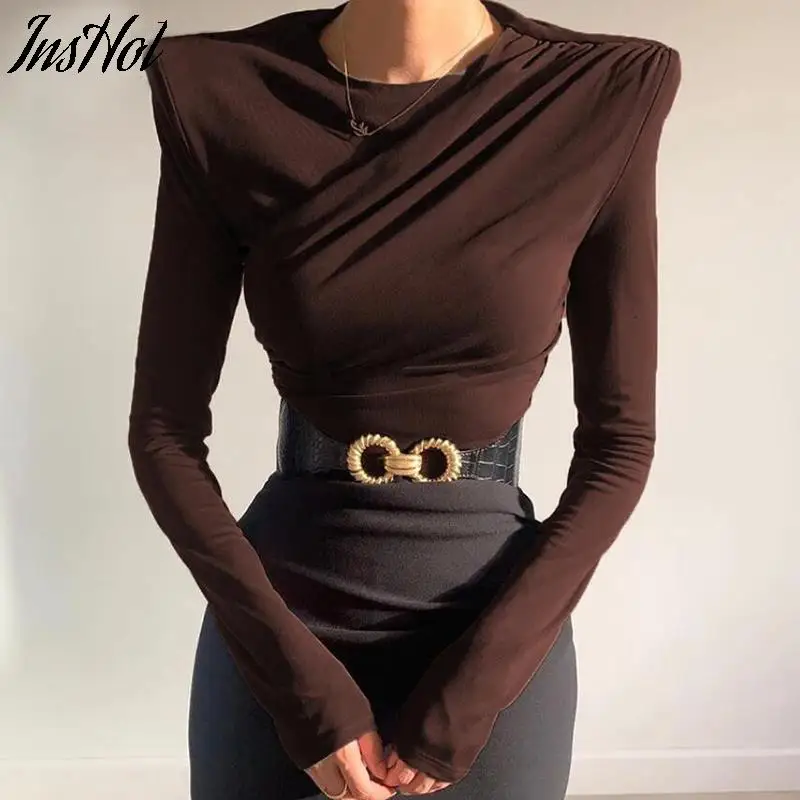 

2021 Women O Neck Brown Long Sleeve Crop Top Female Autumn Winter Basic Casual Fashion Sexy T Shirts Black Ruched Streetwear