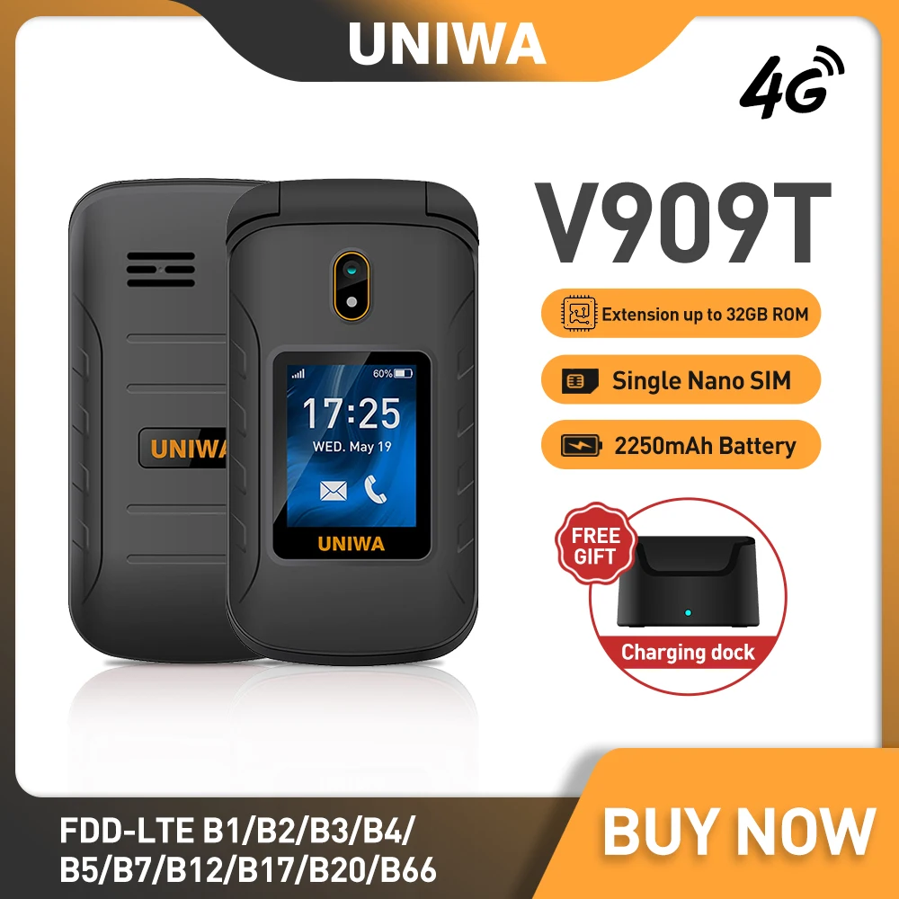 UNIWA V909T Большой кнопочный 4G флип телефон двойной экран 0.3mp камера FM радио Русский