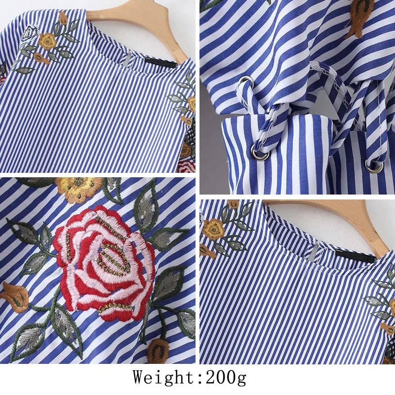 

HStar 2020 women long spliced sleeve casual shirt O Neck embroidery floral female blouse fashion stripe women shirt
