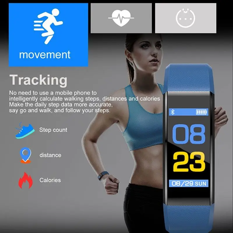 

Smart Watch Waterproof Sports Monitor Bracelet Fitness Wristwatch Heart Rate Tracker Men Women Watches 115 Plus