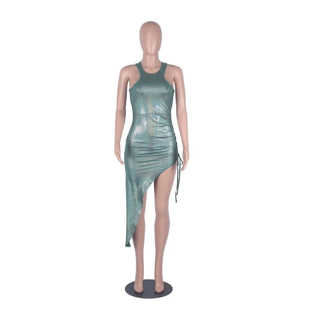 

Sleeveless Sexy Halter Neck Party Dress Women Irregular Glitter Dress High Split Pleated Drawstring Dress