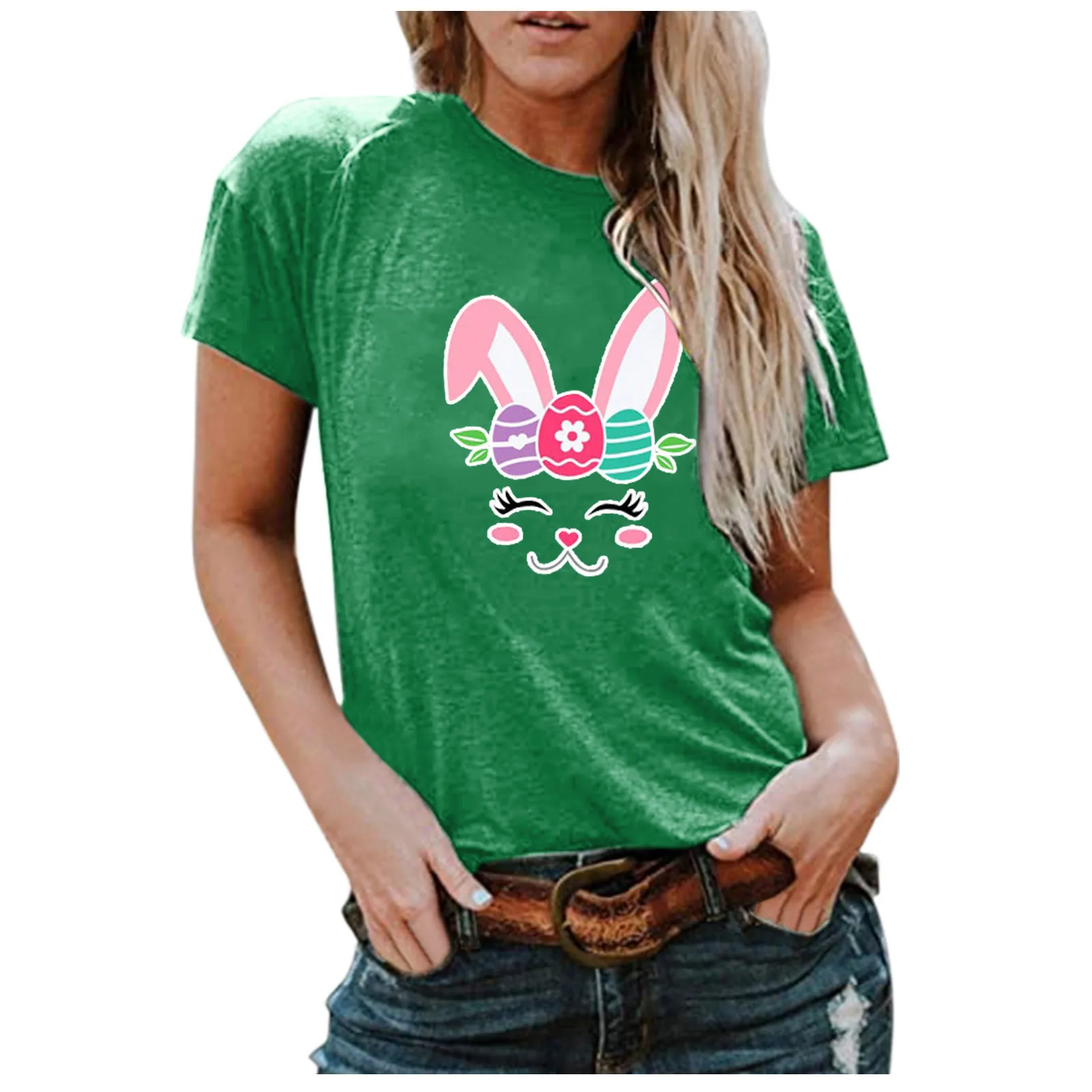 

T-shirts Women's Easter Slim Rabbit Ears Smiley Print Round Neck Short Sleeve Blouse Top Fashion Graphic T Shirts Manga Corta