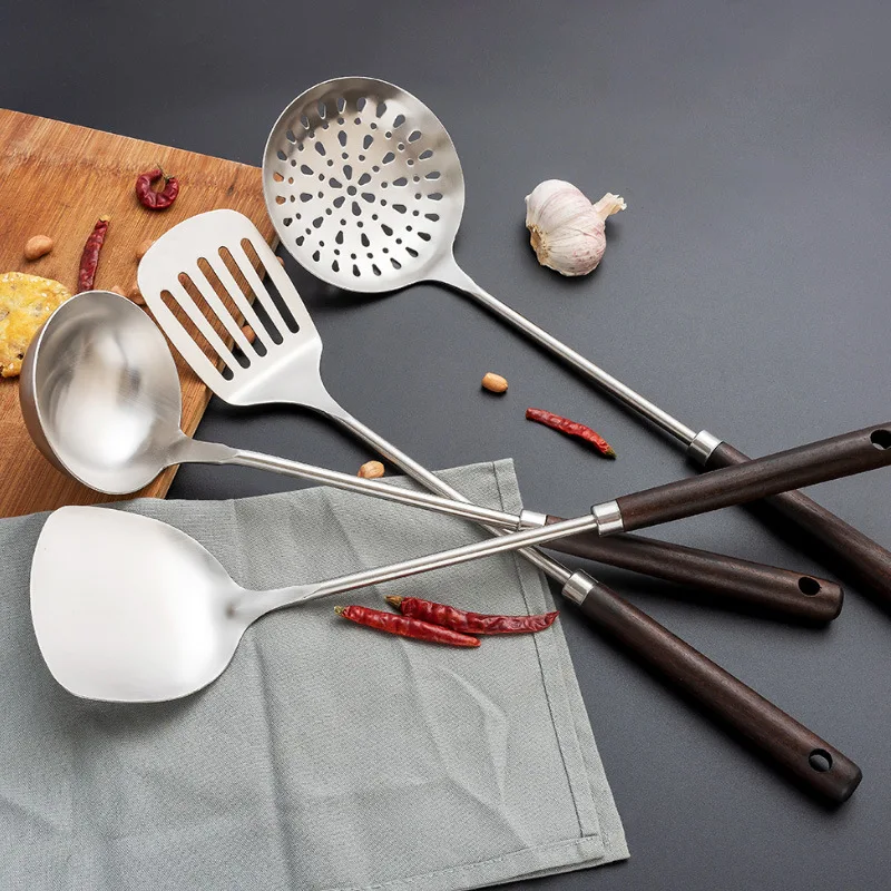 

Kitchen Cooking Utensils Four-piece Soup Spoon Long Handle Household Cooking Spatula Set Wooden Handle Stainless Steel Spatula