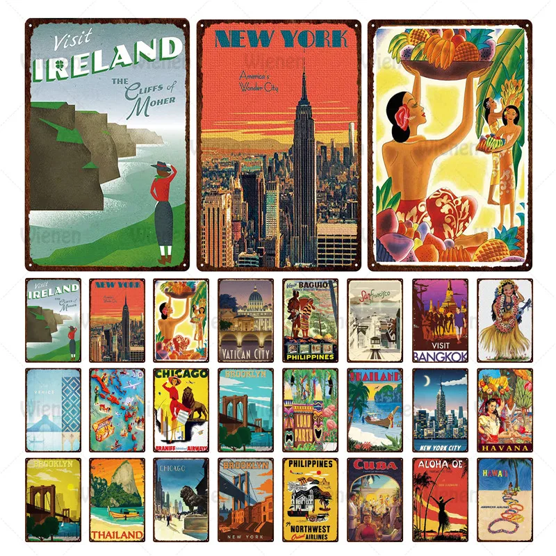 Металлический жестяной винтажный постер с изображением американского города