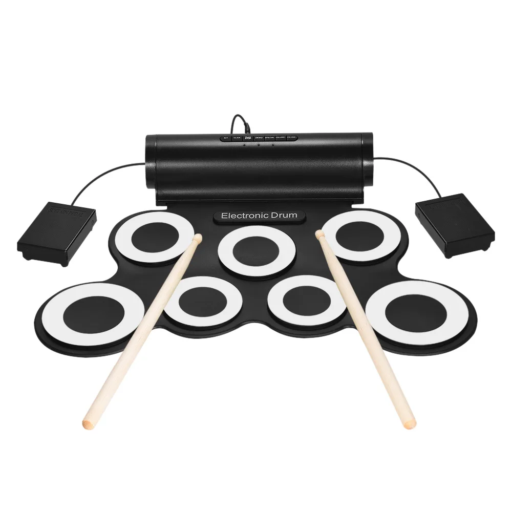 

Портативный цифровой стерео электронный барабанный набор 7 силиконовых подушечек с питанием от USB встроенный динамик с барабанные палочки, ...