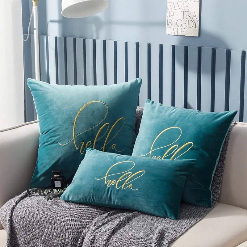 Blue 45x45 см мягкий чехол мягкий бархат домашняя декоративная Подушка Крышка Привет вышивка/30x50 см/55x55 см синий зеленый красный серый фиолетовый - Цвет: Blue