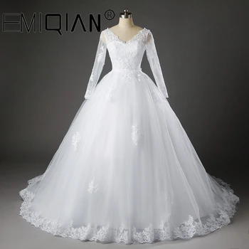 Real Photos Bridal Gowns, A-Line V Neck Lace Appliques Long Sleeves Wedding Dresses