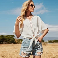 womens 2021 summer new v neck casual strap hollow out solid color top loose t shirt free shipping