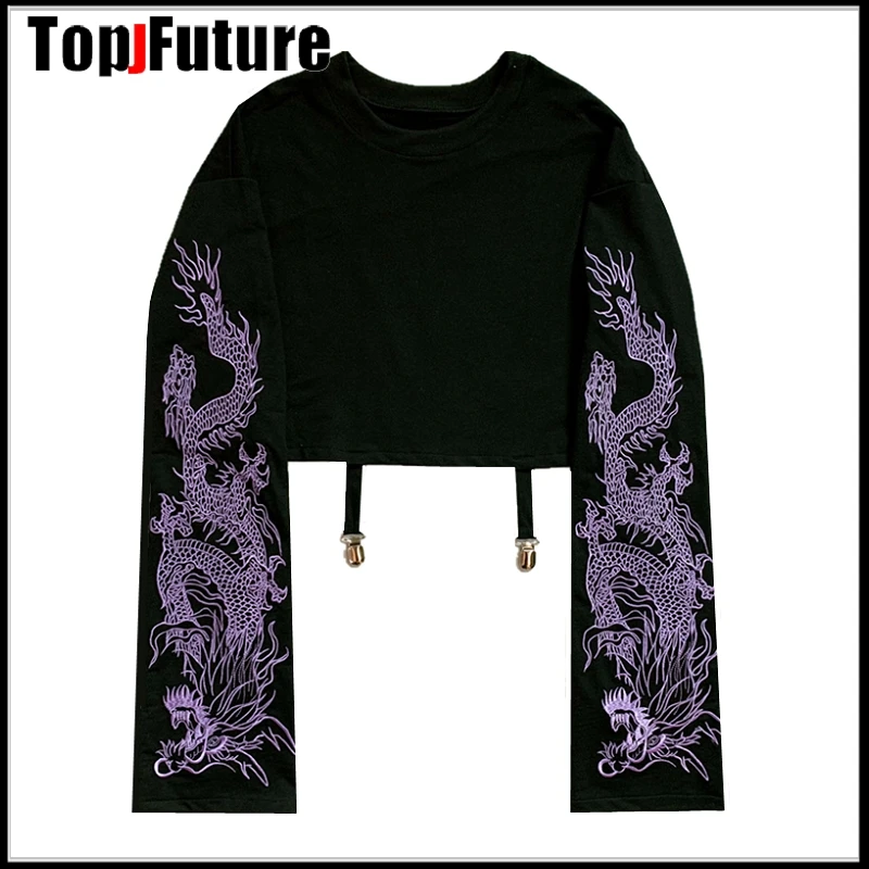 Женская футболка в стиле преппи с длинным рукавом и вышивкой виде дракона |