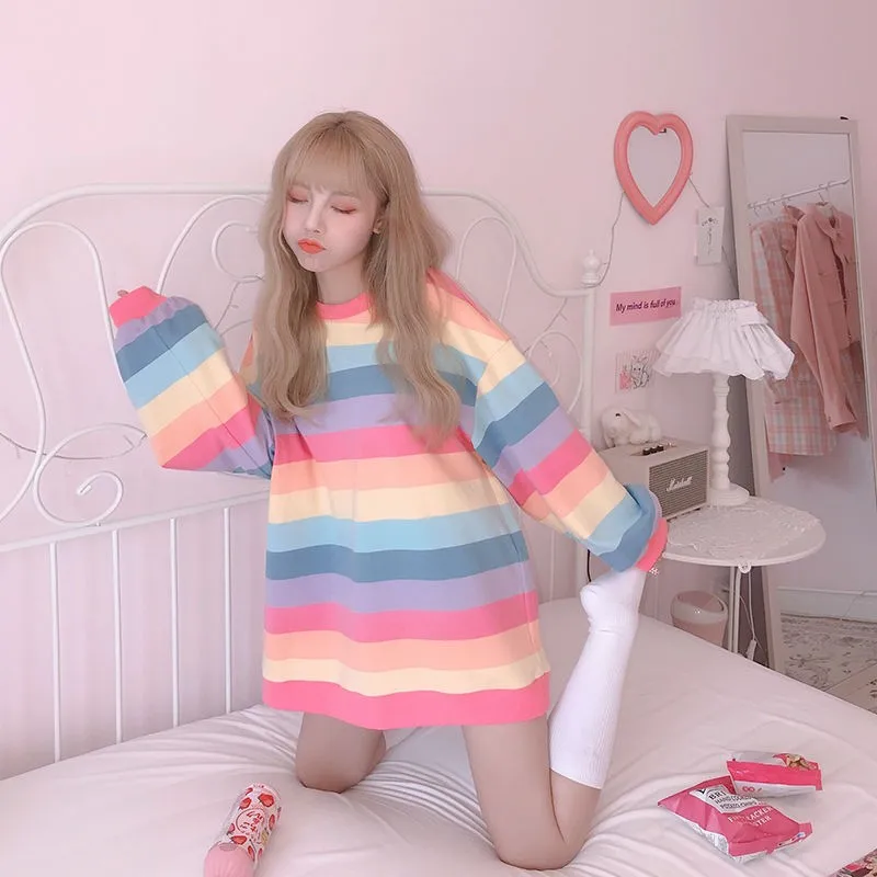 Camisetas a rayas estilo Kpop Harajuku, sudadera holgada de manga larga para mujer, Jersey Kawaii, Tops coloridos de arcoíris para chica estudiante