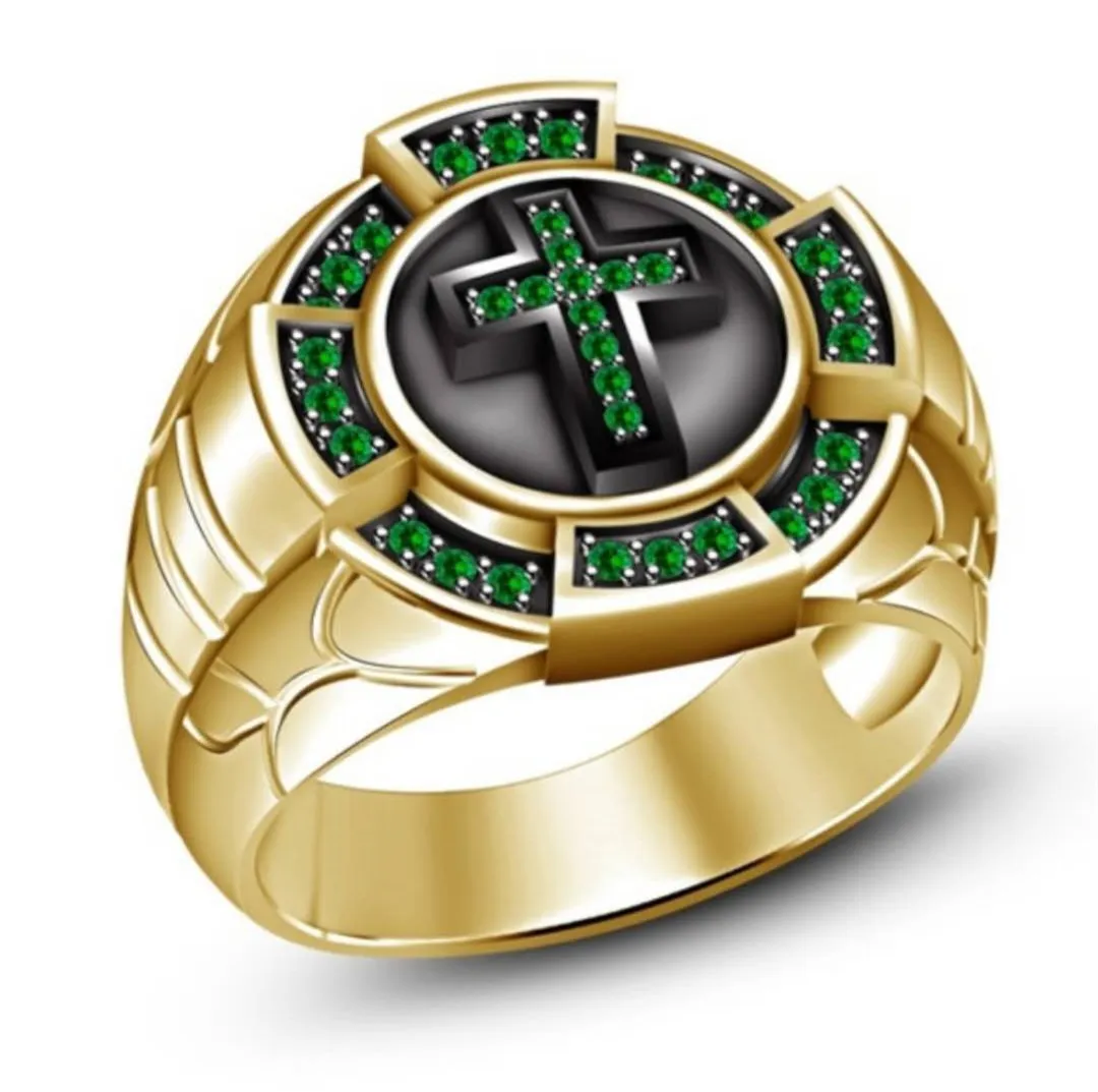 

Creative Gold Colors Cross Inlaid Green Crystal Zircon Black Oil Ring for Men Exquisite Ring Party Jewelry Gift