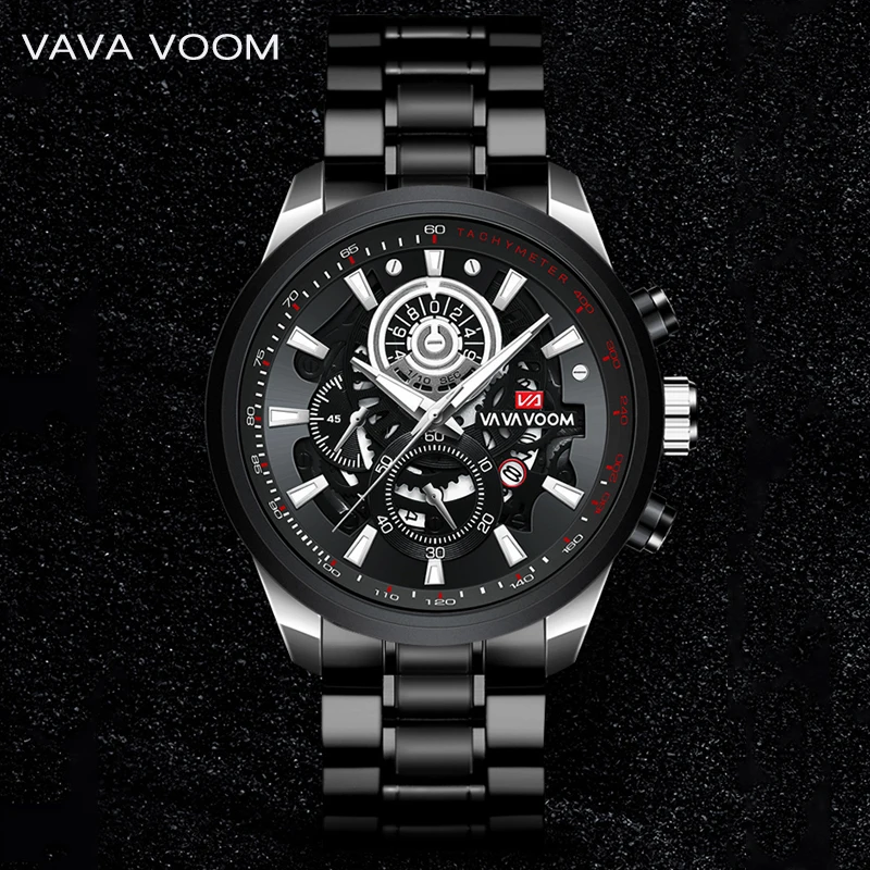 vava voom men watch top brand mens quartz watch water proof sports skeleton watch men calendar hollow out dial leather strap hot free global shipping