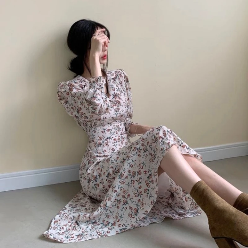 Женское винтажное шифоновое платье корейское романтическое французское с