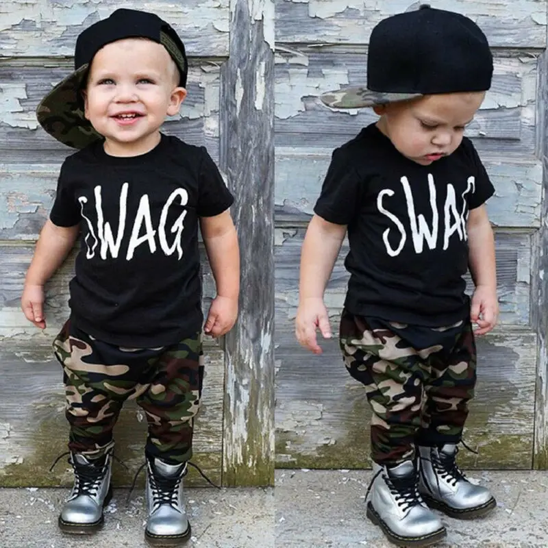 Fashion Toddler Kids Baby Boys Clothes Letter Tops T-shirt+ Camo Pants 2Pcs Outfit Set |