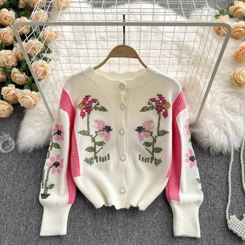 

Fashion Elegant Cute Flower Embroidery Single Breasted Sweater Women 2022 Spring Fall New Patchwork Cardigan Sweater Streetwear
